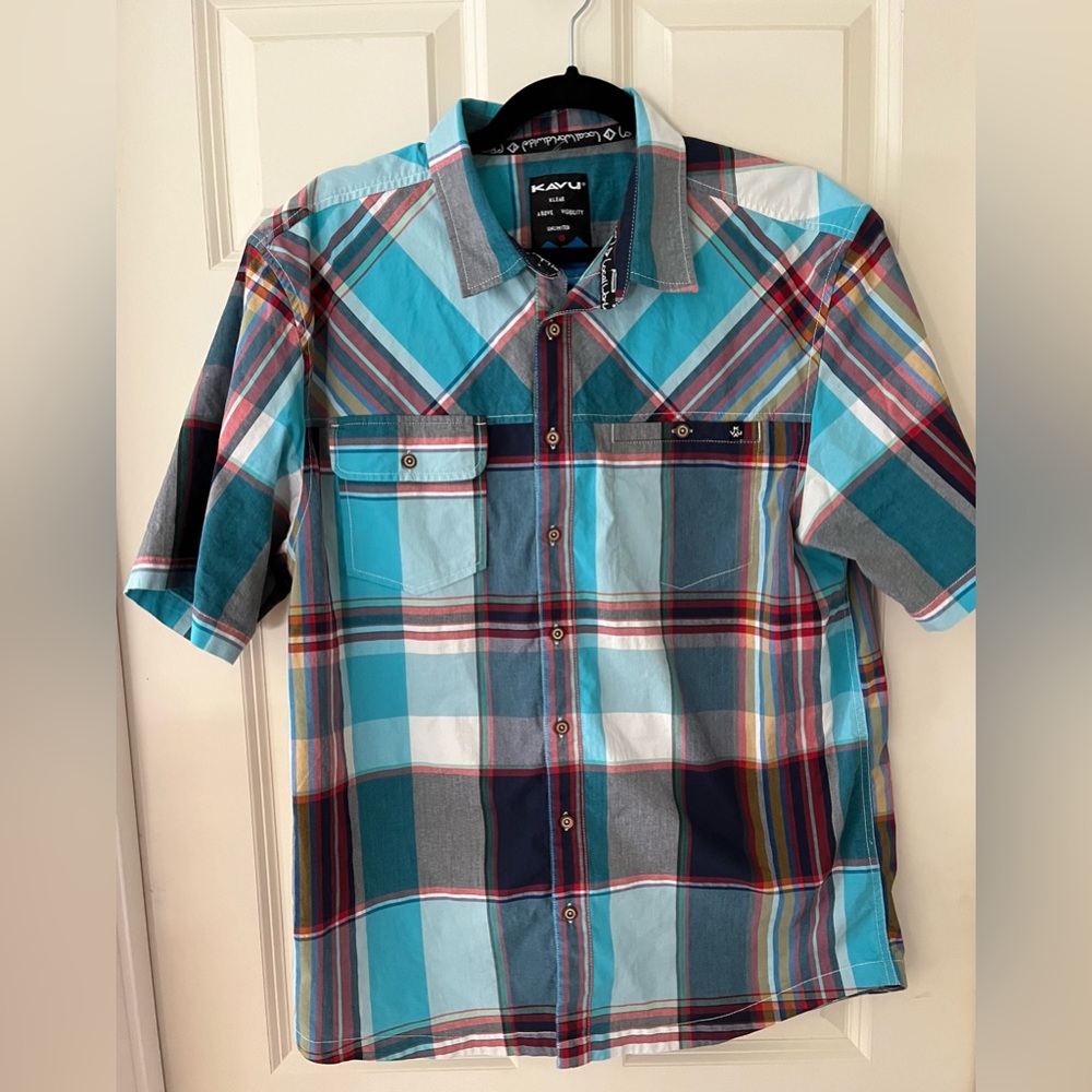 Kavu Mens Blue White Red Plaid Boardwalk Shirt
Short Sleeve Button Down XL
